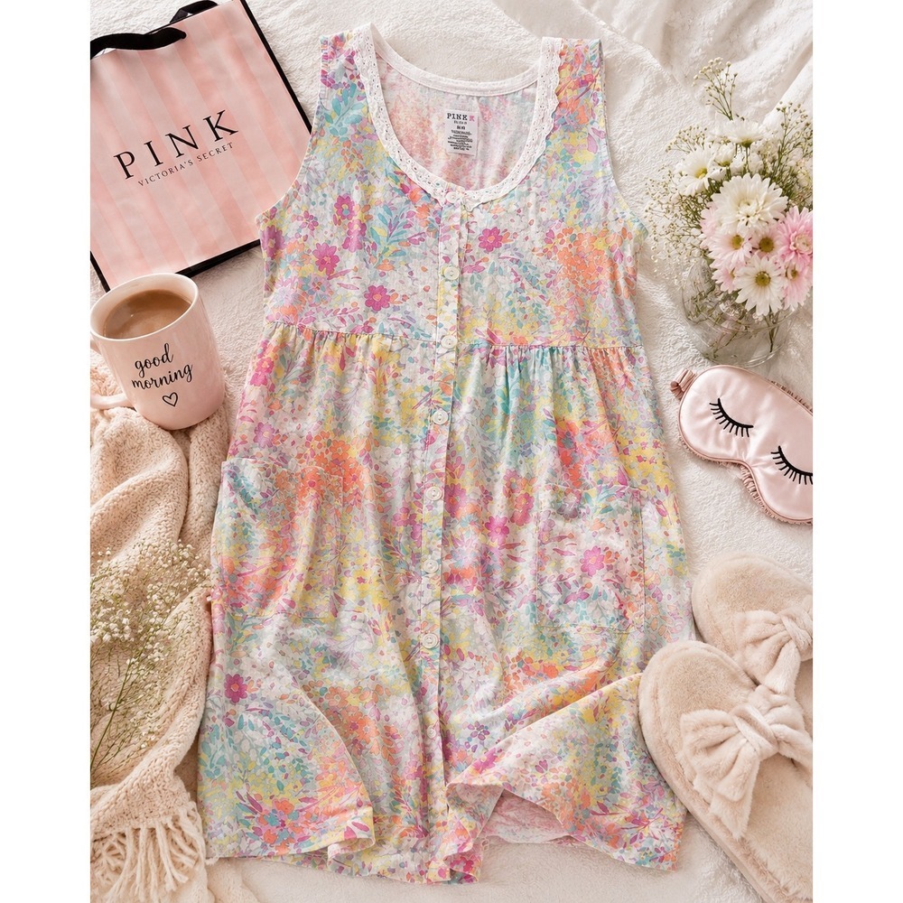 Pink K Floral Nightgown Dress M Cotton Blend Lace Button Midi Cottagecore Pastel